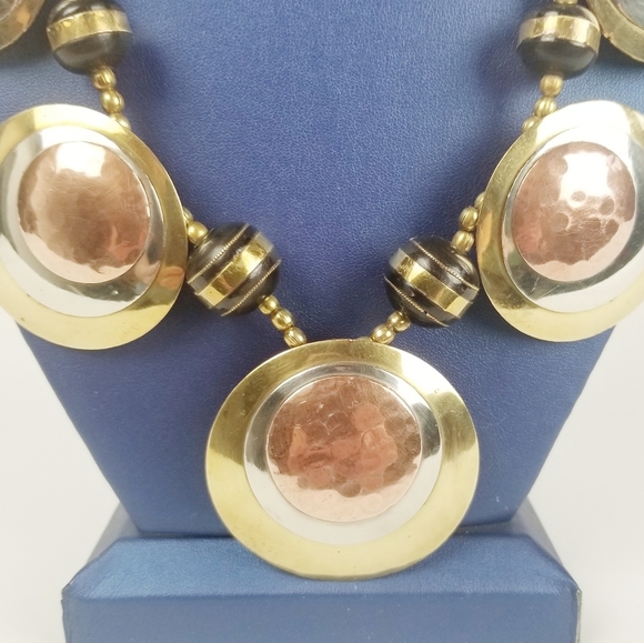 Dramatic Brass & Copper Disk Necklace - Picture 2 of 6